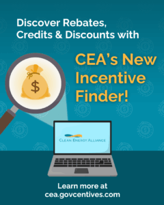 Graphic with magnifying glass and laptop directing viewers to CEA's Incentive Finder