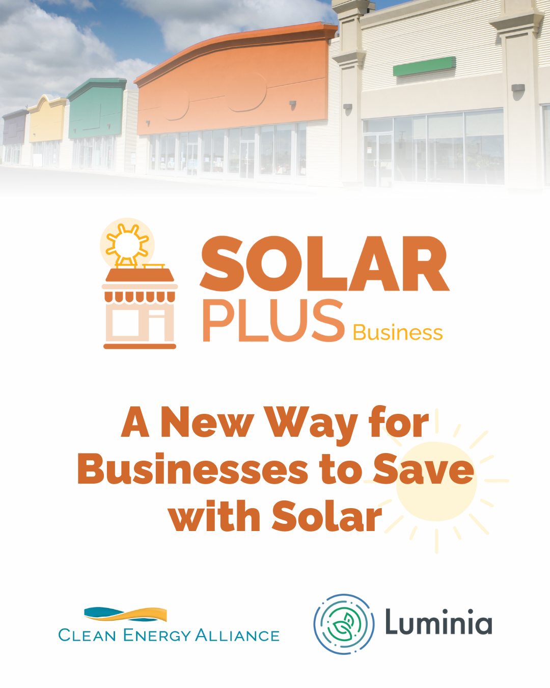 Solar Plus Business promotional graphic with commercial buildings, and the CEA and Luminia logos